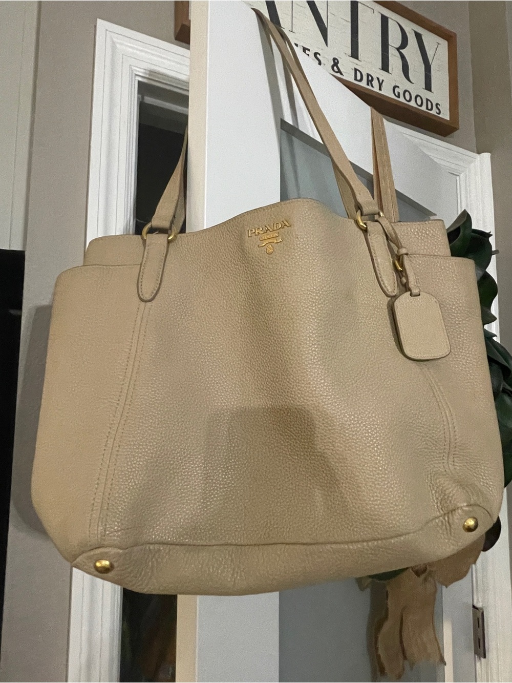 Prada Vitello Daino Shopping Tote in Sabbia (beige) pebbled leather